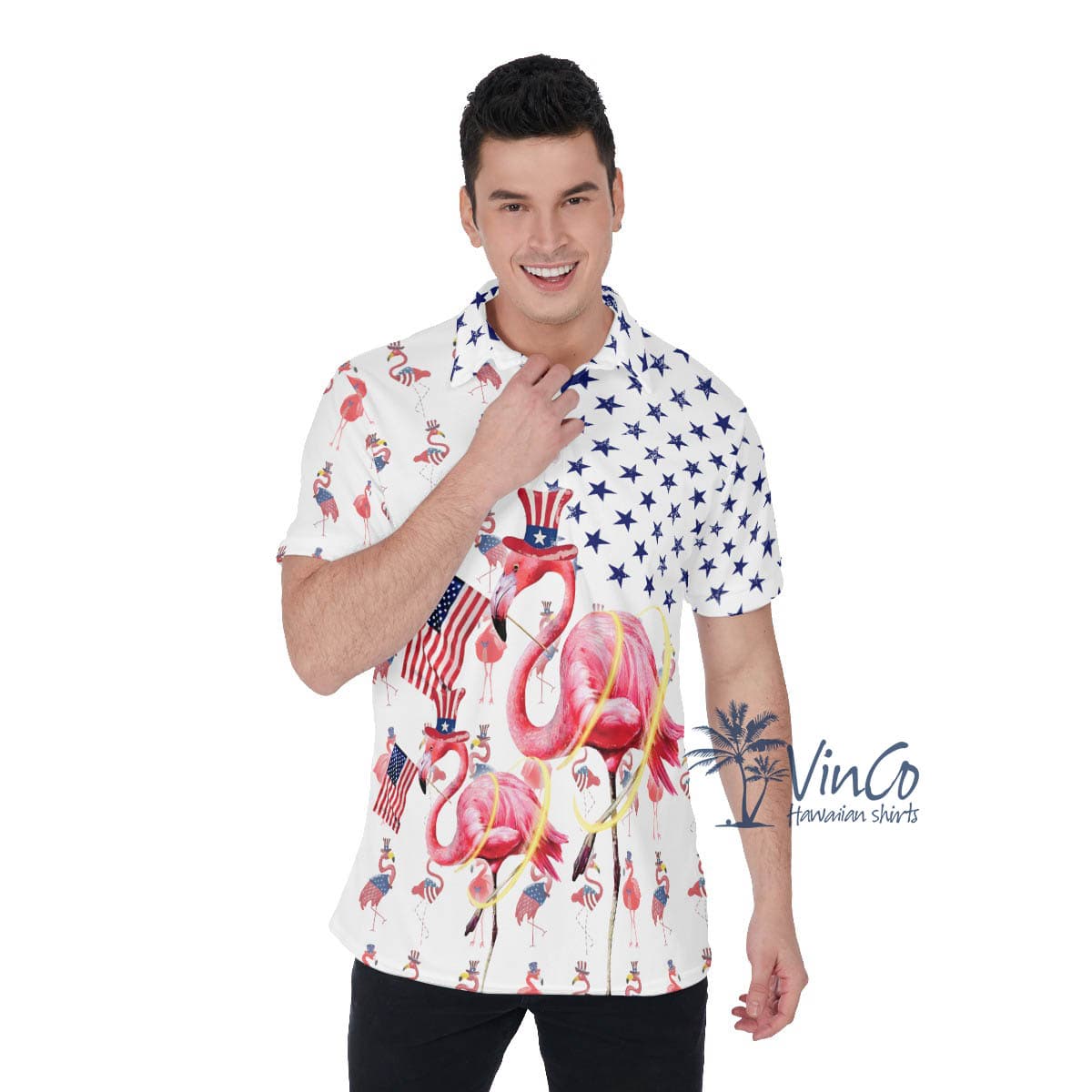 Funny Flamingo Patriotic Hawaiian Polo Shirt For Men