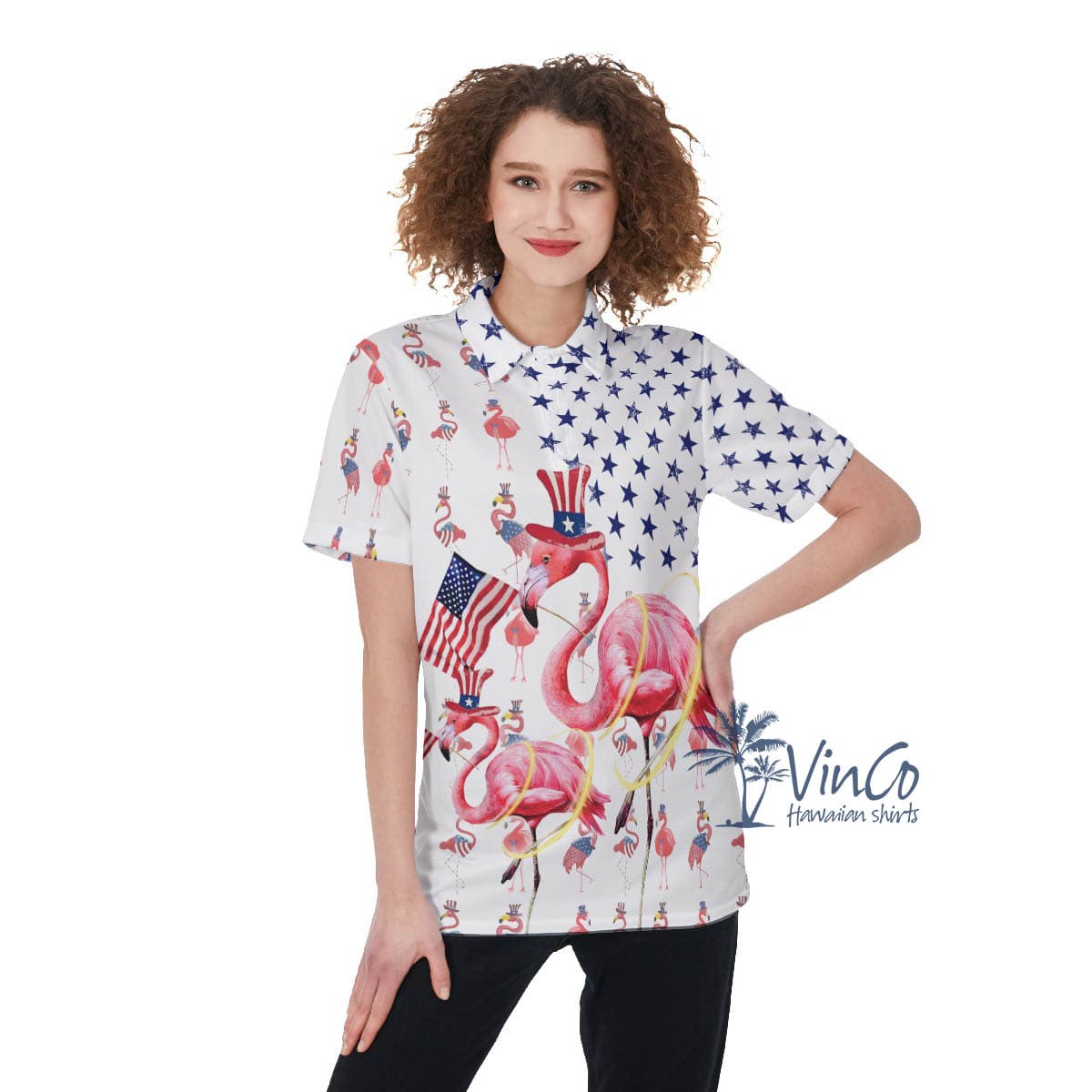 Funny Flamingo Patriotic Women's Hawaiian Polo Shirt