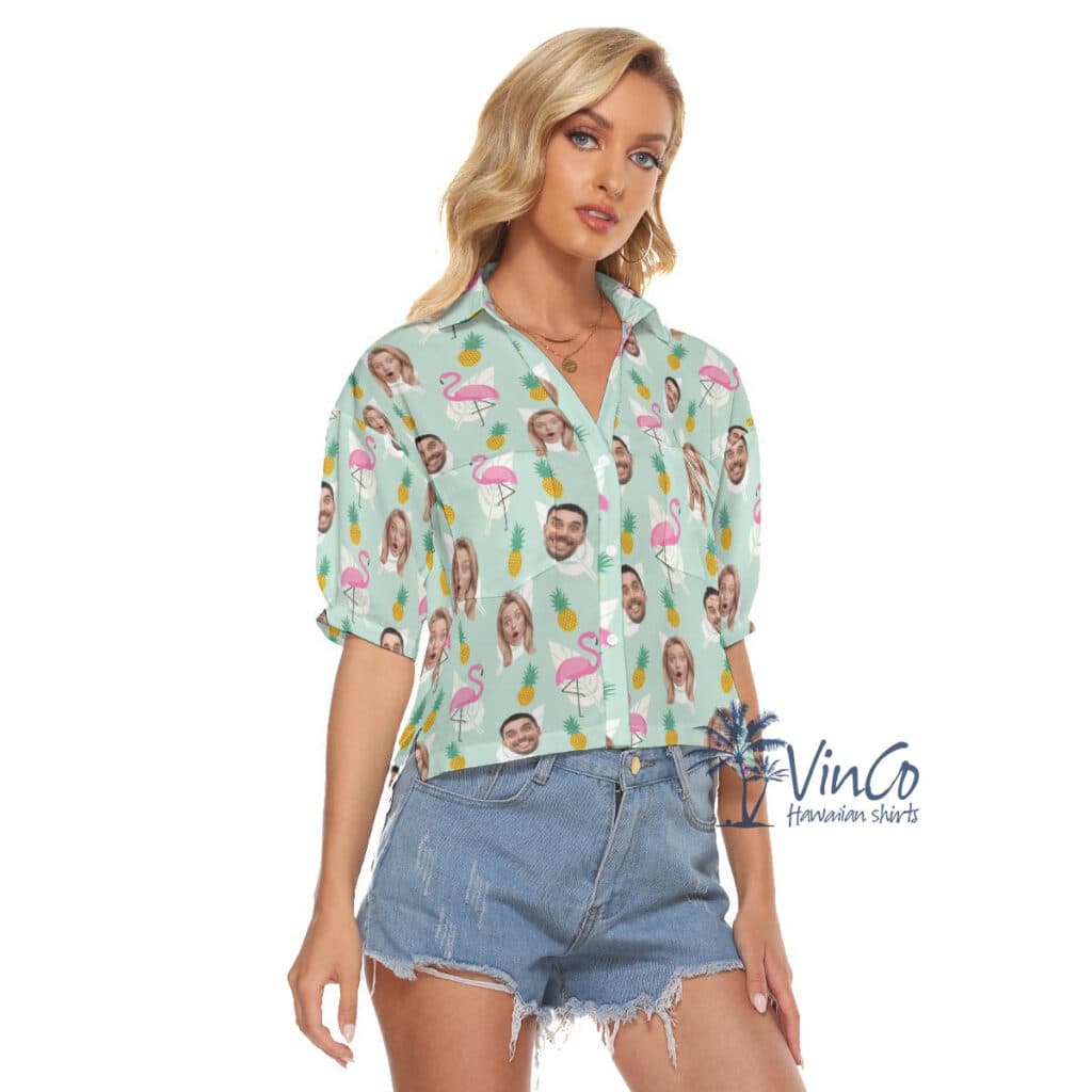 Funny Flamingo Pineapple Hawaiian Cropped Shirt With Custom Multiples Faces