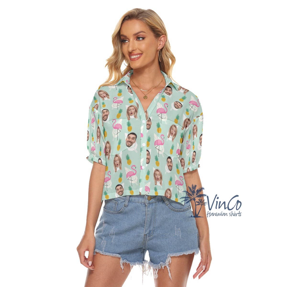 Funny Flamingo Pineapple Hawaiian Cropped Shirt With Custom Multiples Faces (4)