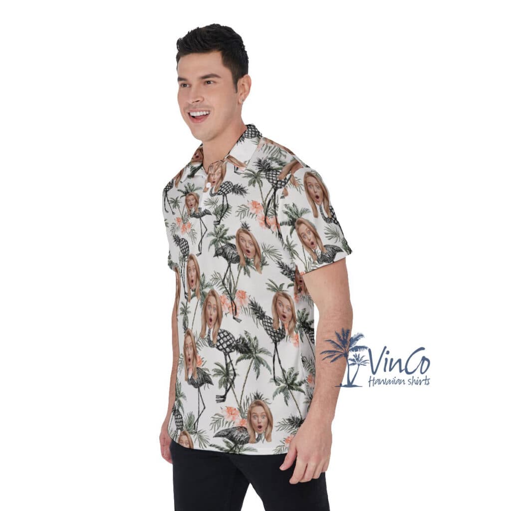 Funny Flamingo Pineapple Hibiscus Hawaiian Polo Shirt With Custom Face
