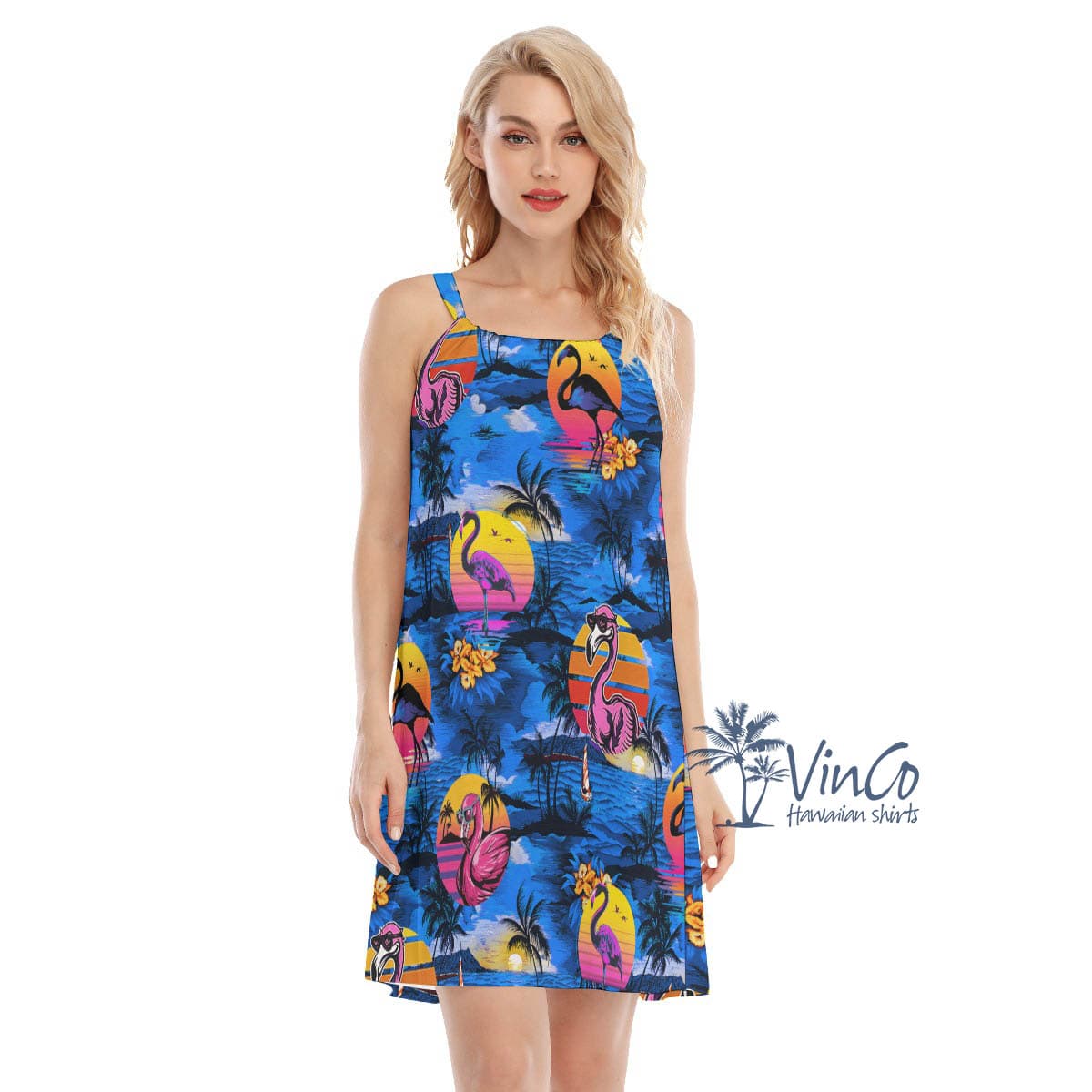 Funny Flamingo Tropical Beach Scene Summer Hawaiian Dresses (4)