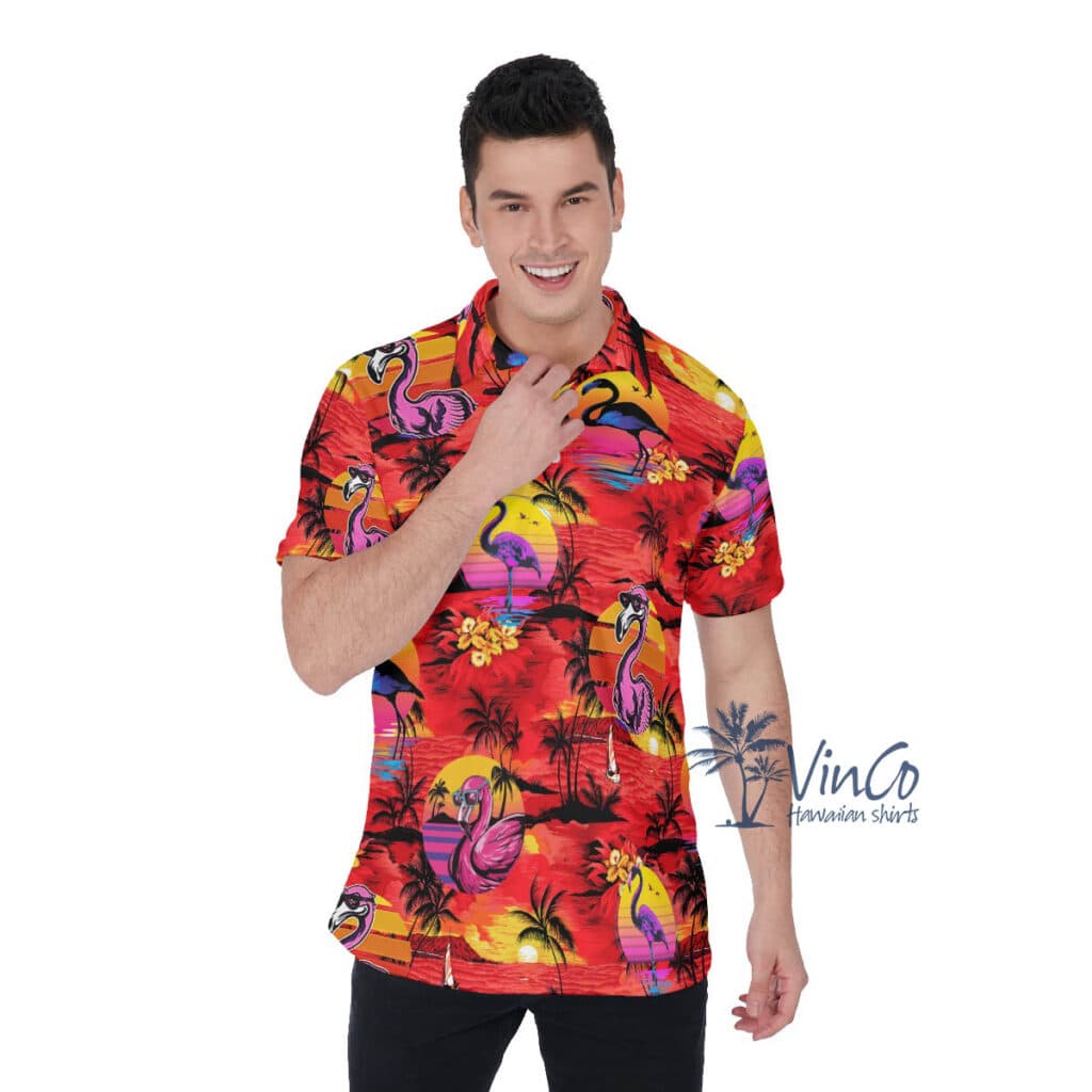 Funny Flamingo Tropical Hawaiian Golf Shirt For Men
