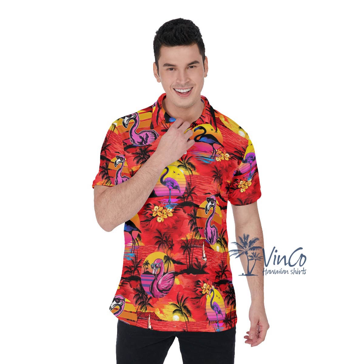 Funny Flamingo Tropical Hawaiian Golf Shirt For Men