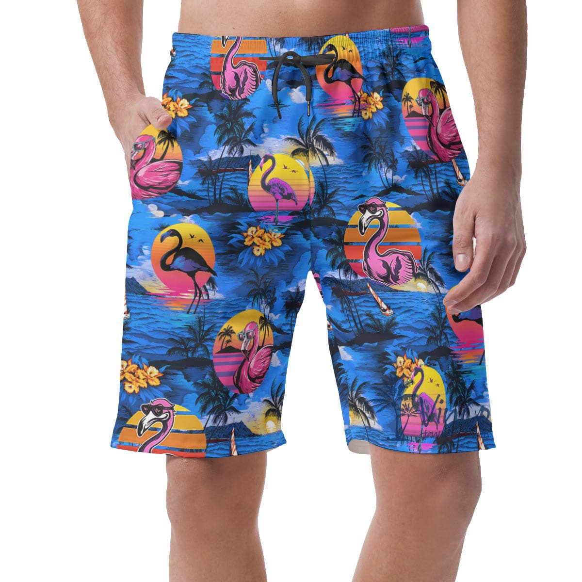 Funny Flamingo Tropical Navy Beach Shorts For Men