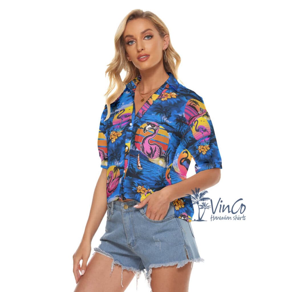 Funny Flamingo Tropical Navy Hawaiian Crop Top Shirt For Women