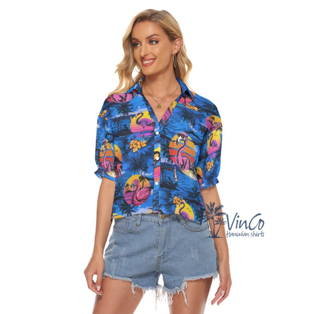 Funny Flamingo Tropical Navy Hawaiian Crop Top Shirt For Women