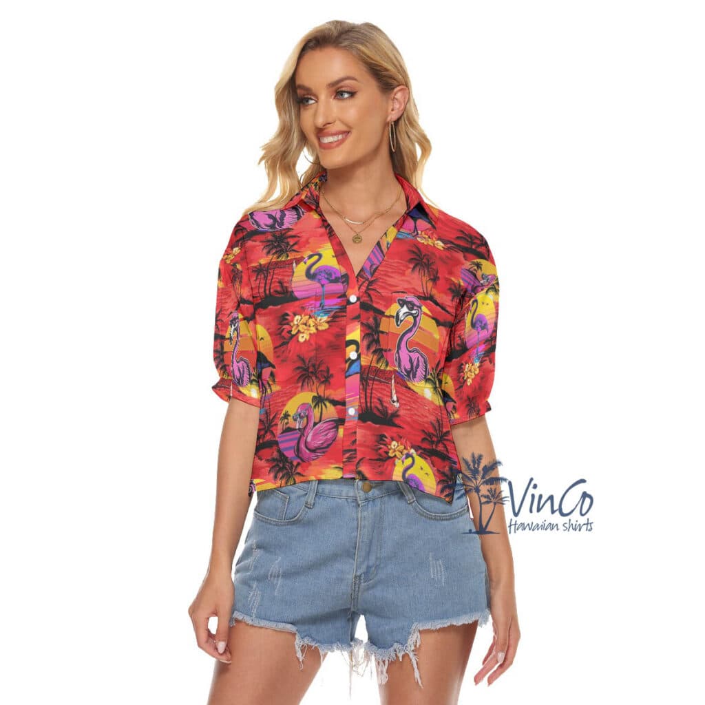 Funny Flamingo Tropical Palm Tree Hawaiian Crop Top Shirt For Women