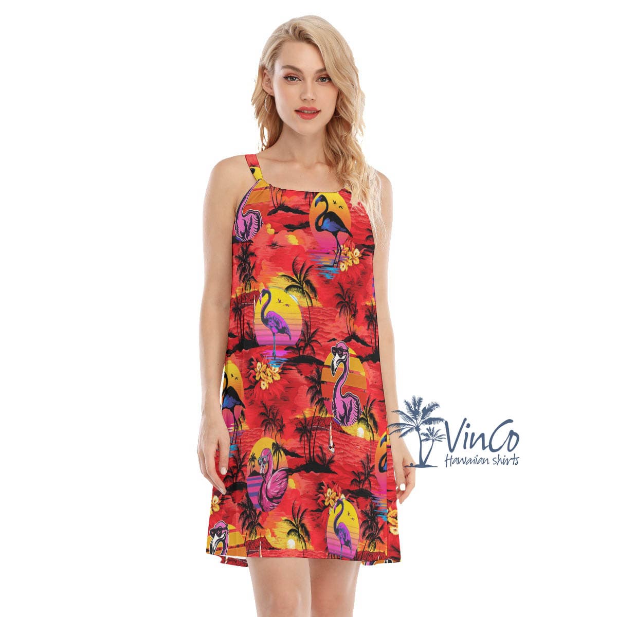 Funny Flamingo Tropical Palm Tree Hawaiian Dress For Women (1)