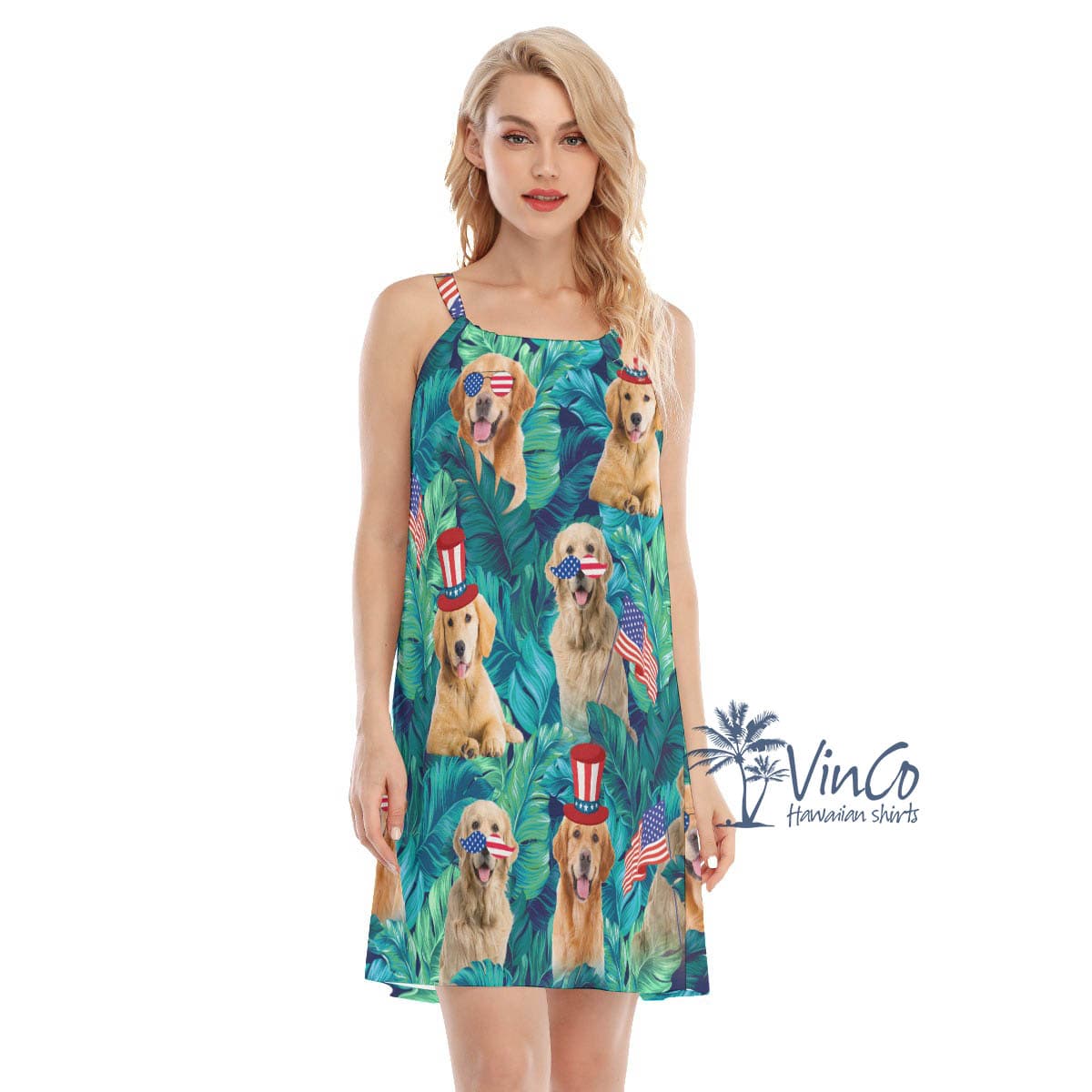 Funny Golden Retrieve Patriotic Tropical Women’s Hawaiian Dress (2)