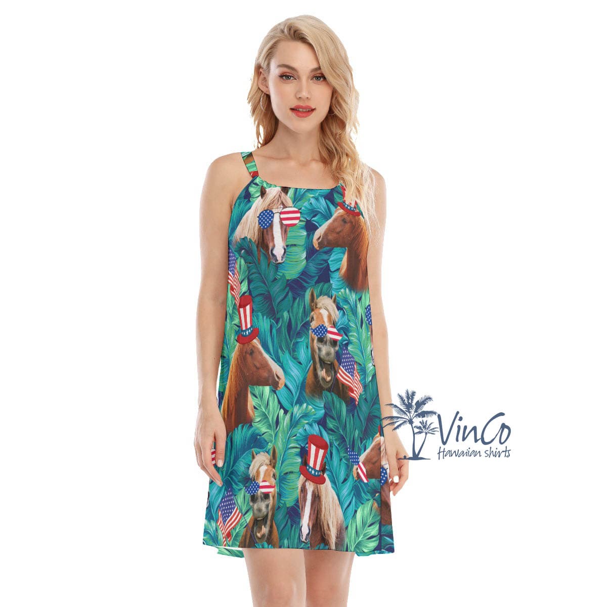 Funny Horse With American Hat Women’s Aloha Cami Dress (4)