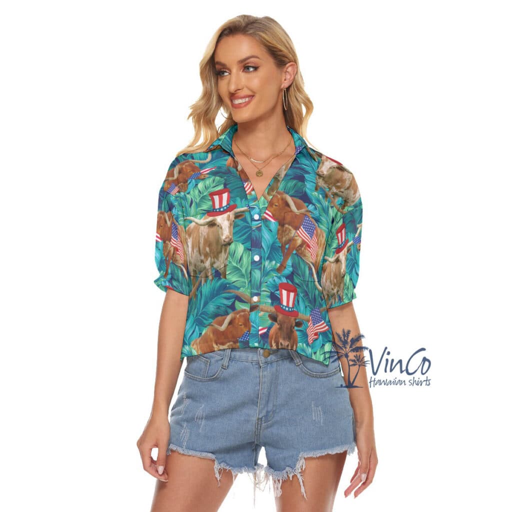 Funny Longhorn Texas With American Hat Aloha Cropped Shirt For Women