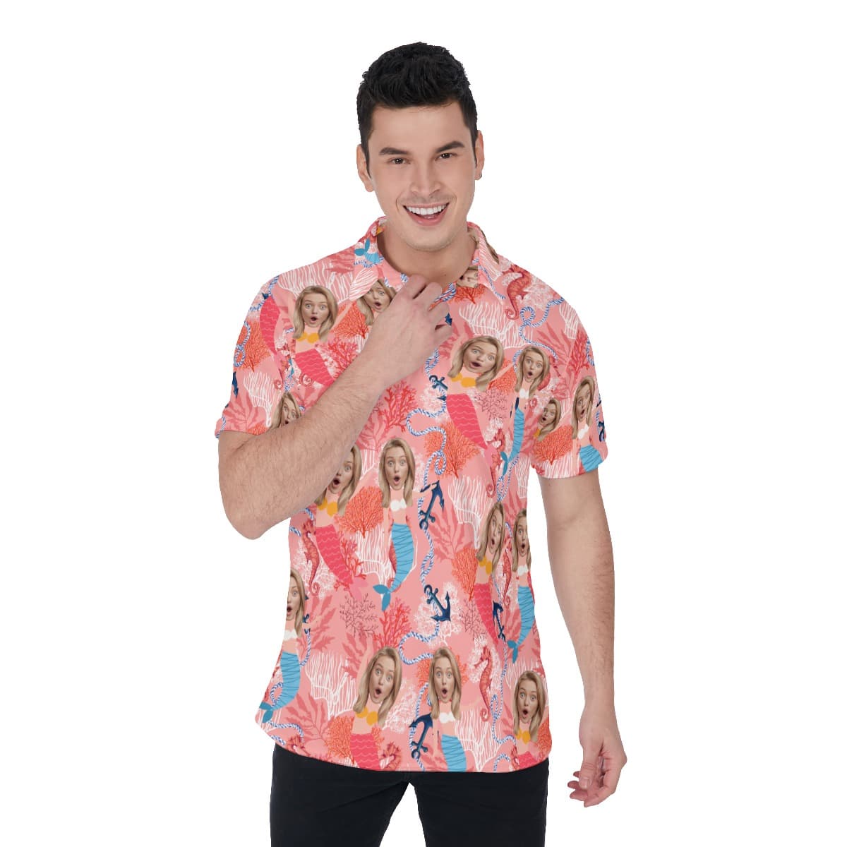 Funny Mermaid Custom Face Men's Hawaiian Polo Shirt