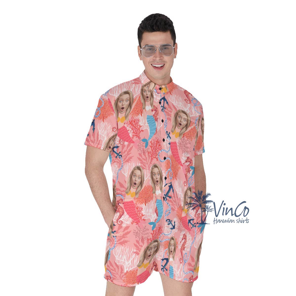 Funny Mermaid Custom Face Men's Hawaiian Romper For Summer