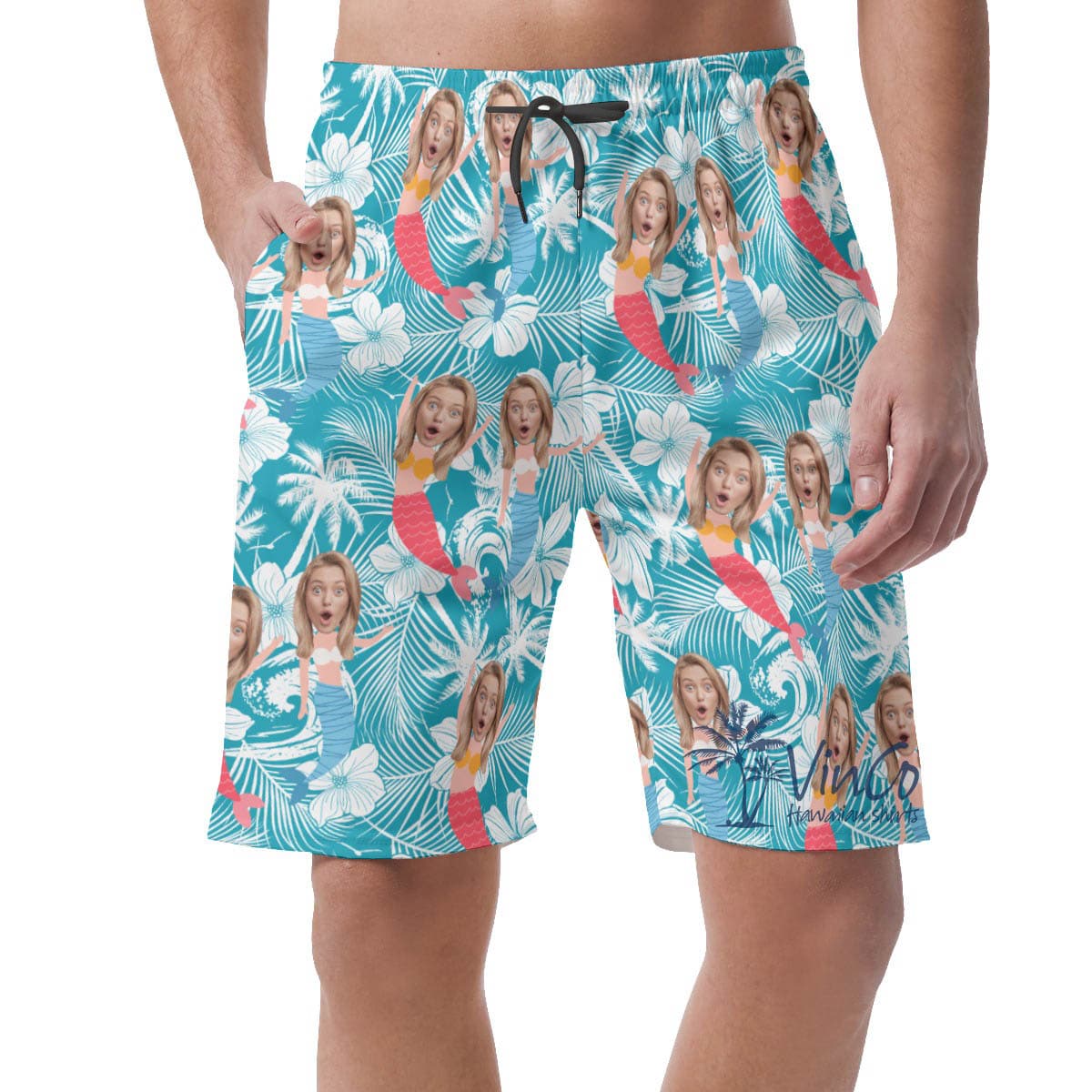 Funny Mermaid Floral Hawaiian Beach Shorts With Custom Face