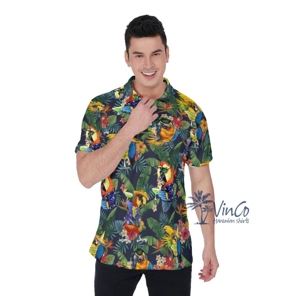 Funny Parrots Cocktails Tropical Hawaiian Polo Shirt For Men