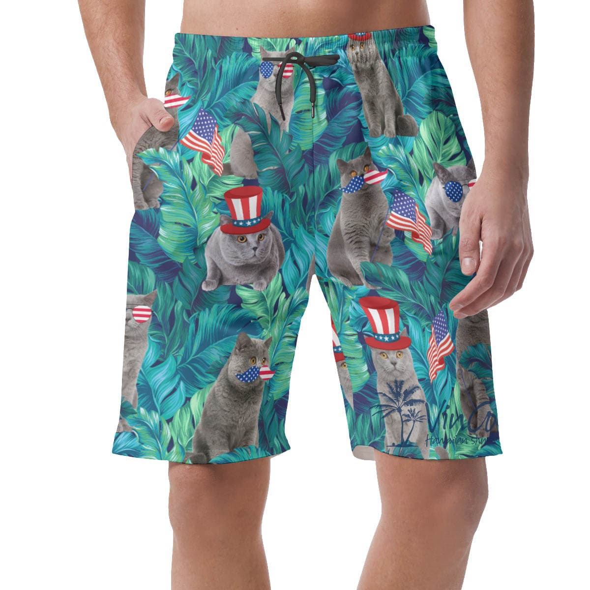 Funny Patriotic Cat Tropical Green Hawaiian Beach Shorts For Men