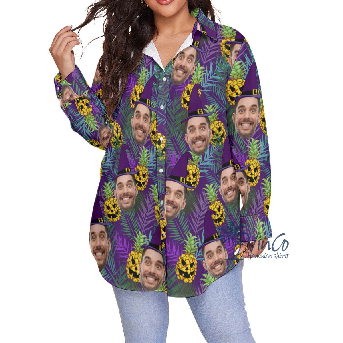 Funny Personalize Face Witch Plus Size Halloween Hawaiian Shirt For Women (2)