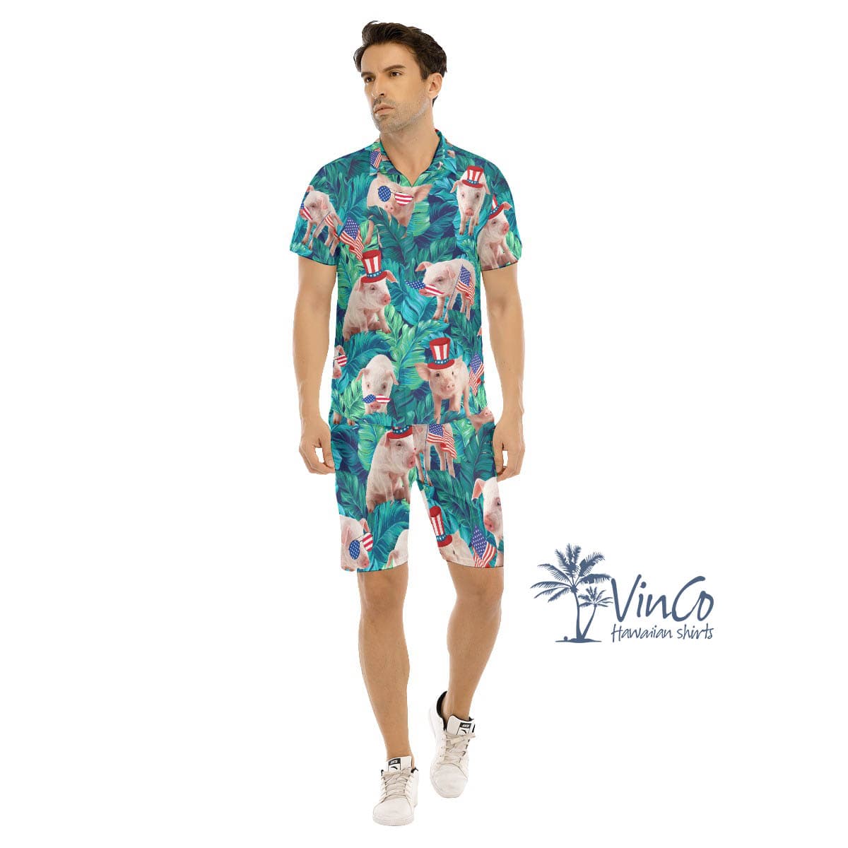 Funny Pig American Hat Tropical Leave Hawaiian Shirt And Matching Shorts For Men (1)