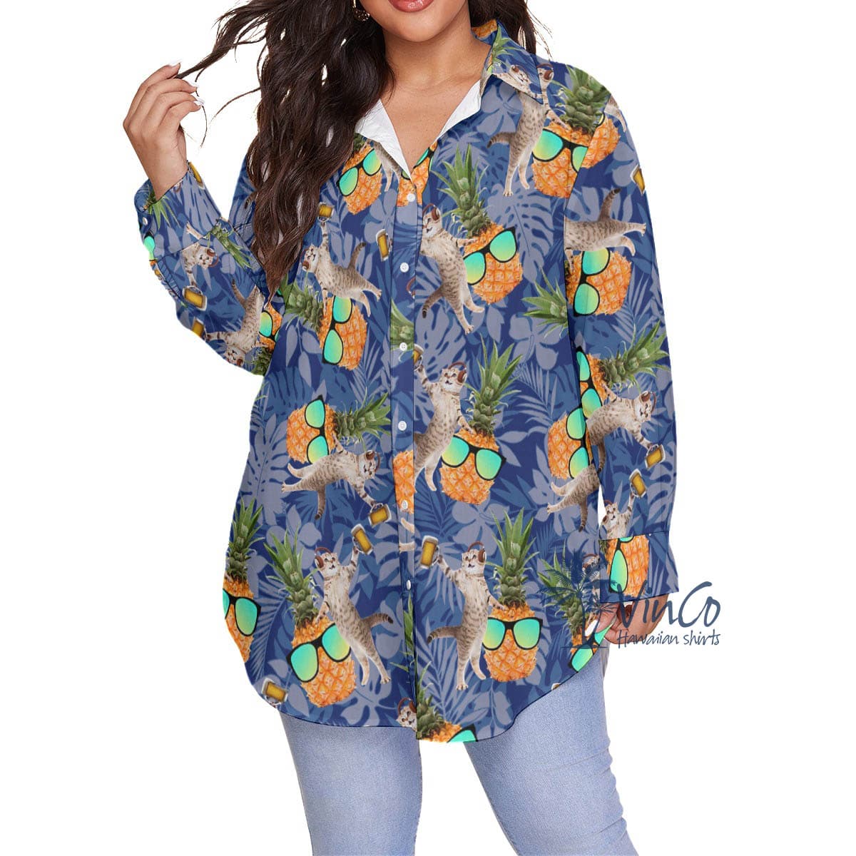 Funny Pineapple DJ Cat Hawaiian Plus Size Shirt For Women (4)
