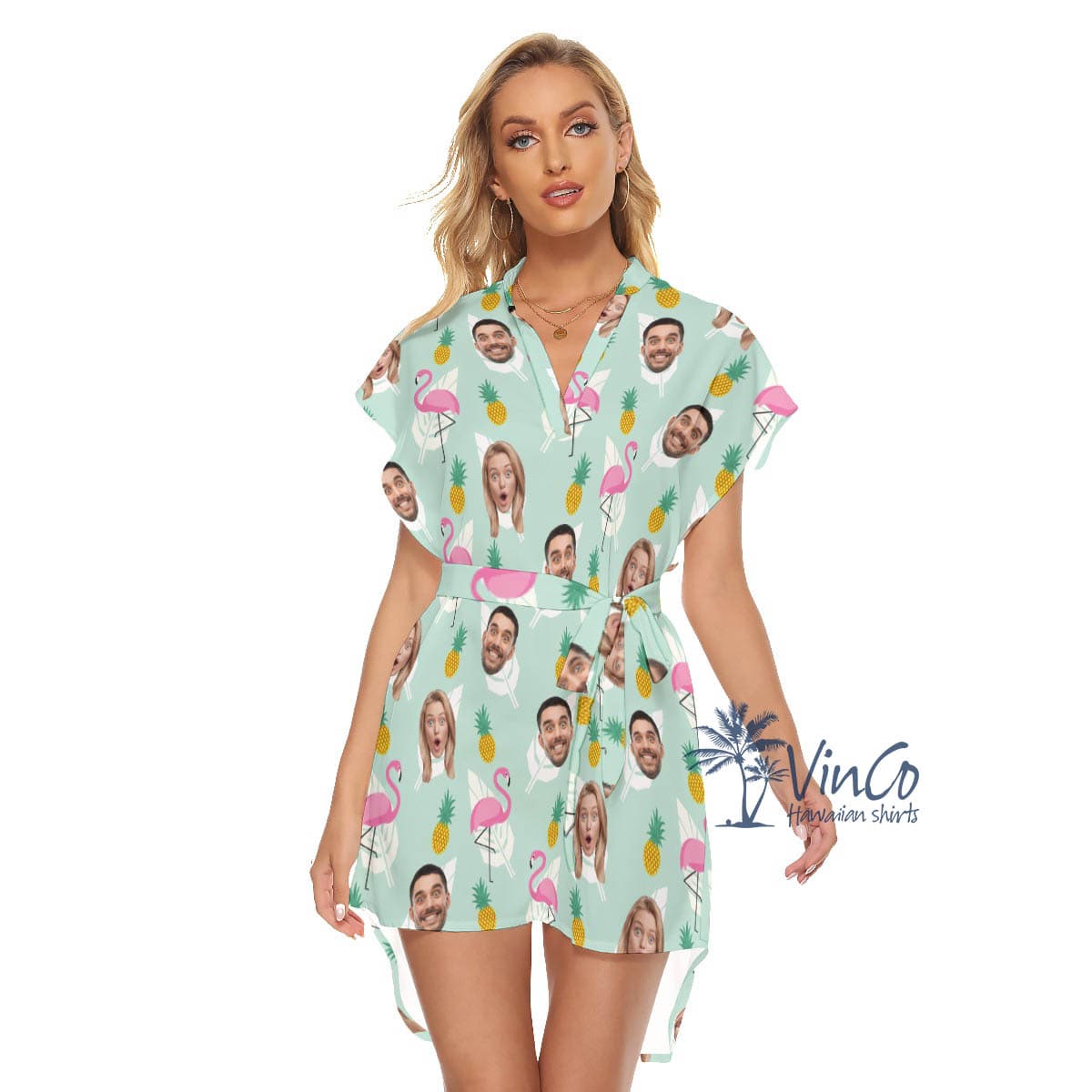 Funny Pineapple Flamingo Custom Face Hawaiian Dresses For Women (1)