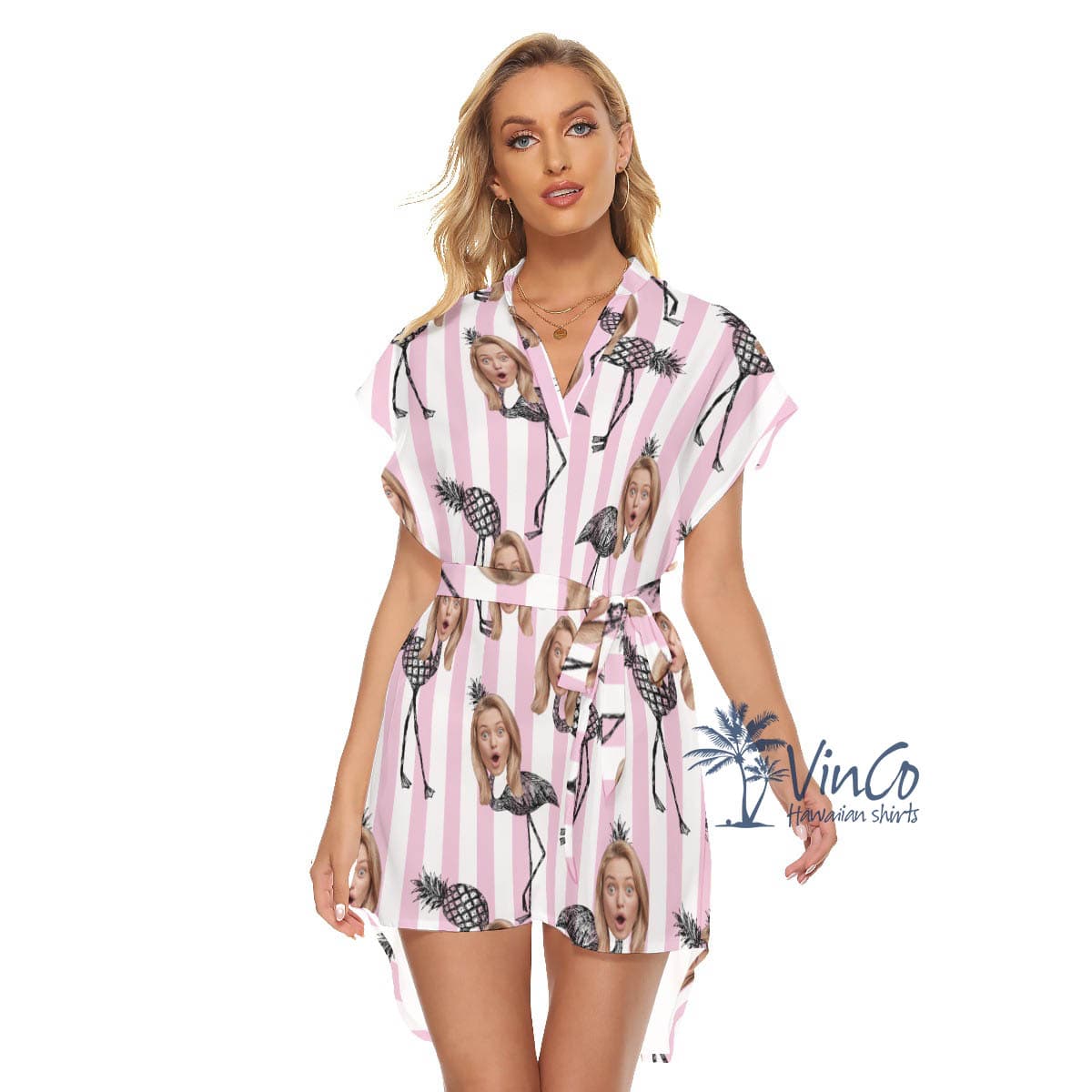 Funny Pineapple Flamingo Custom Face Summer Hawaiian Dresses With Belt