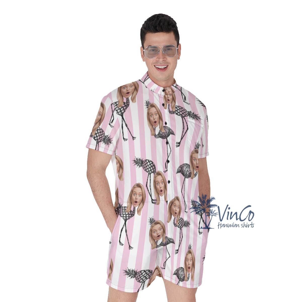 Funny Pineapple Flamingo Custom Hawaiian Romper With Face