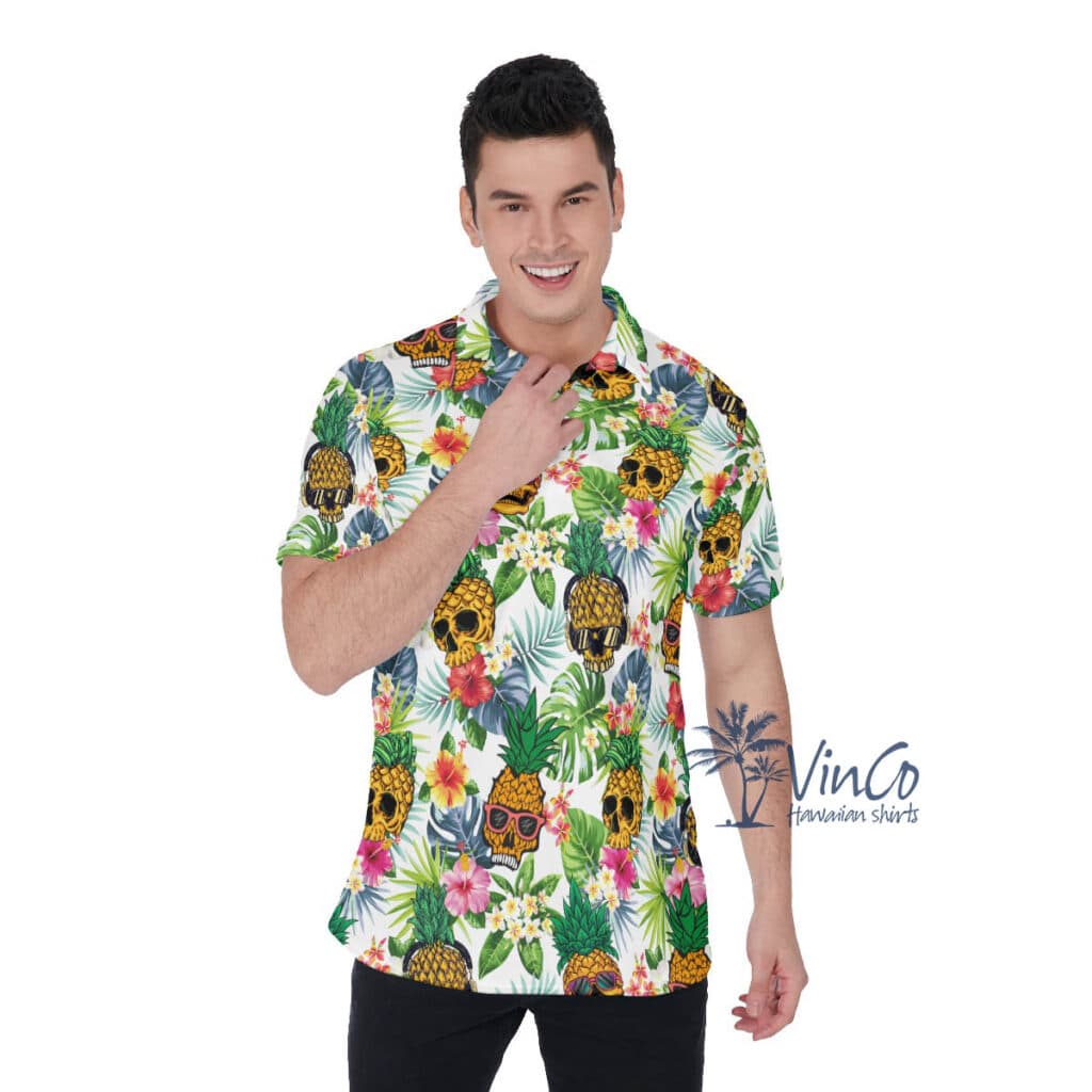 Funny Pineapple Skull Tropical Hawaiian Polo Shirt For Men