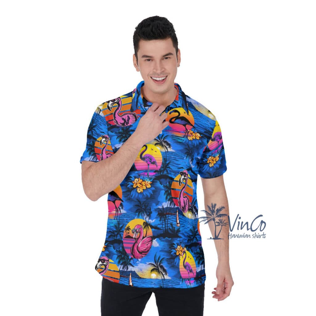 Funny Pink Flamingo Tropical Navy Hawaiian Polo Shirt