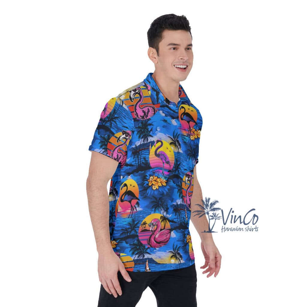 Funny Pink Flamingo Tropical Navy Hawaiian Polo Shirt