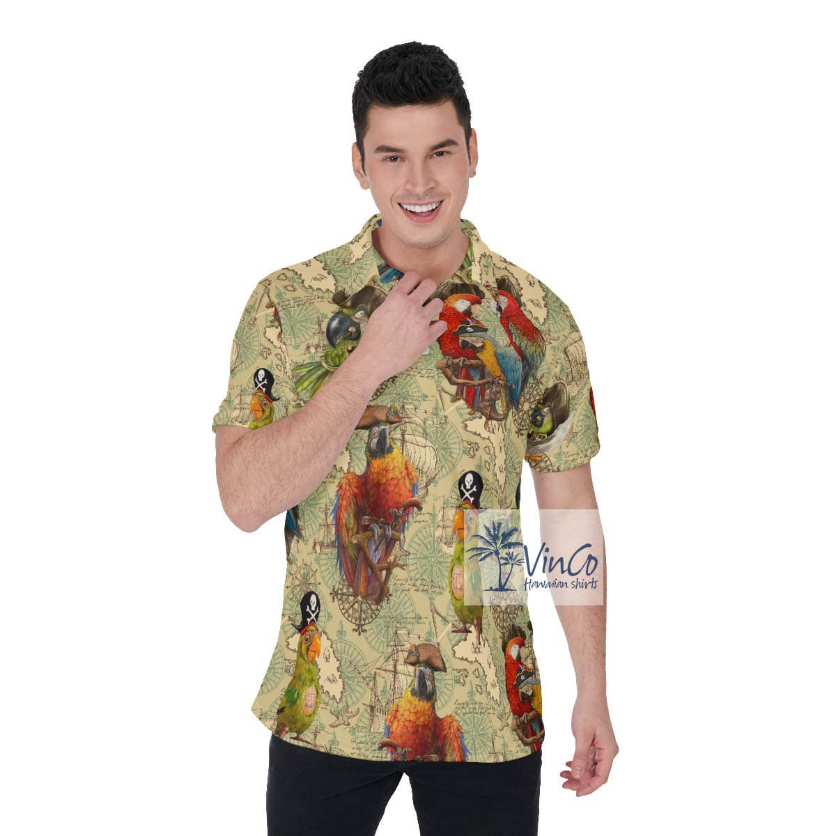 Funny Pirate Parrot Hawaiian Golf Shirt For Men