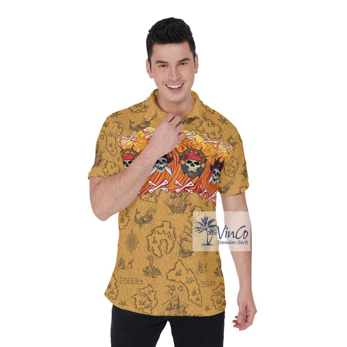 Funny Pirate Skull Hawaiian Polo Shirt