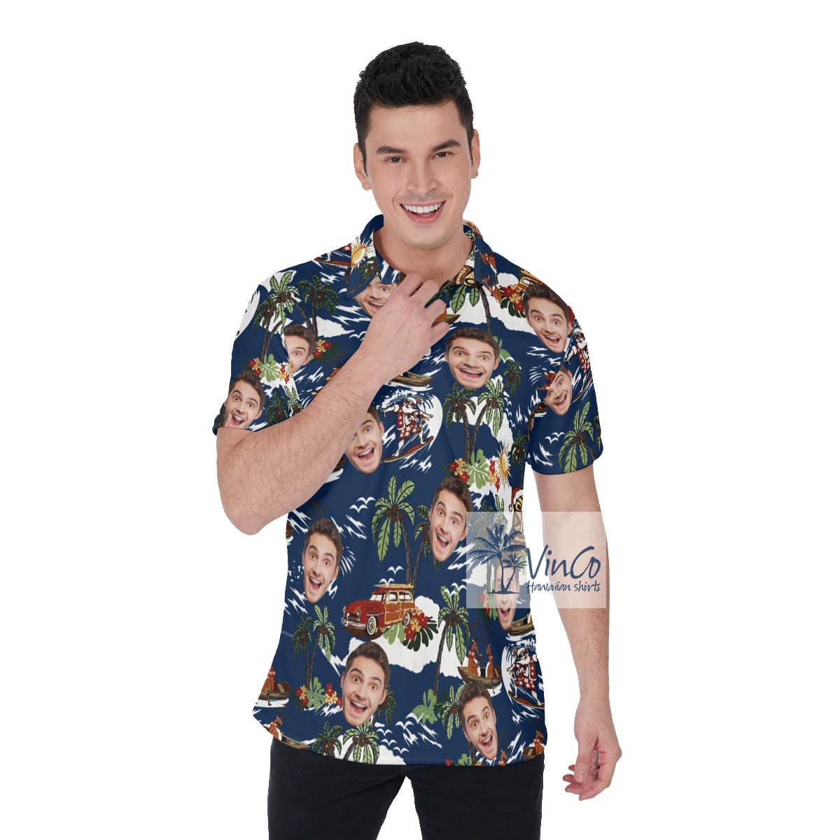 Funny Reindeer Tropical Custom Face Hawaiian Polo Shirt