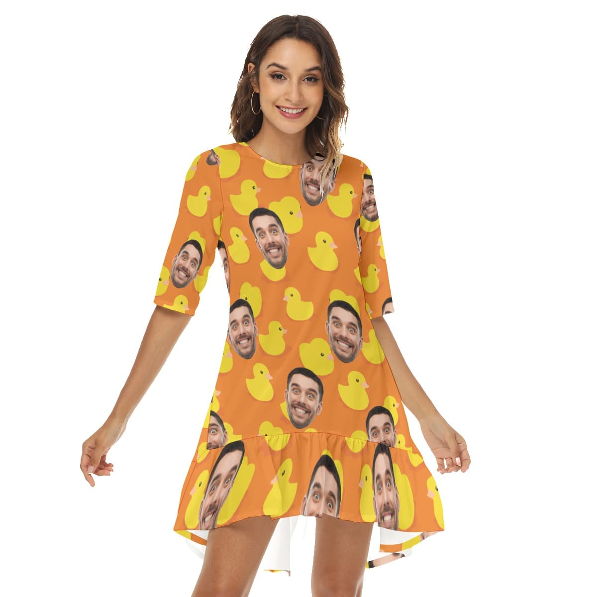 Funny Rubber Duck Custom Face Hawaiian Half Sleeve Dress With Ruffle Hem