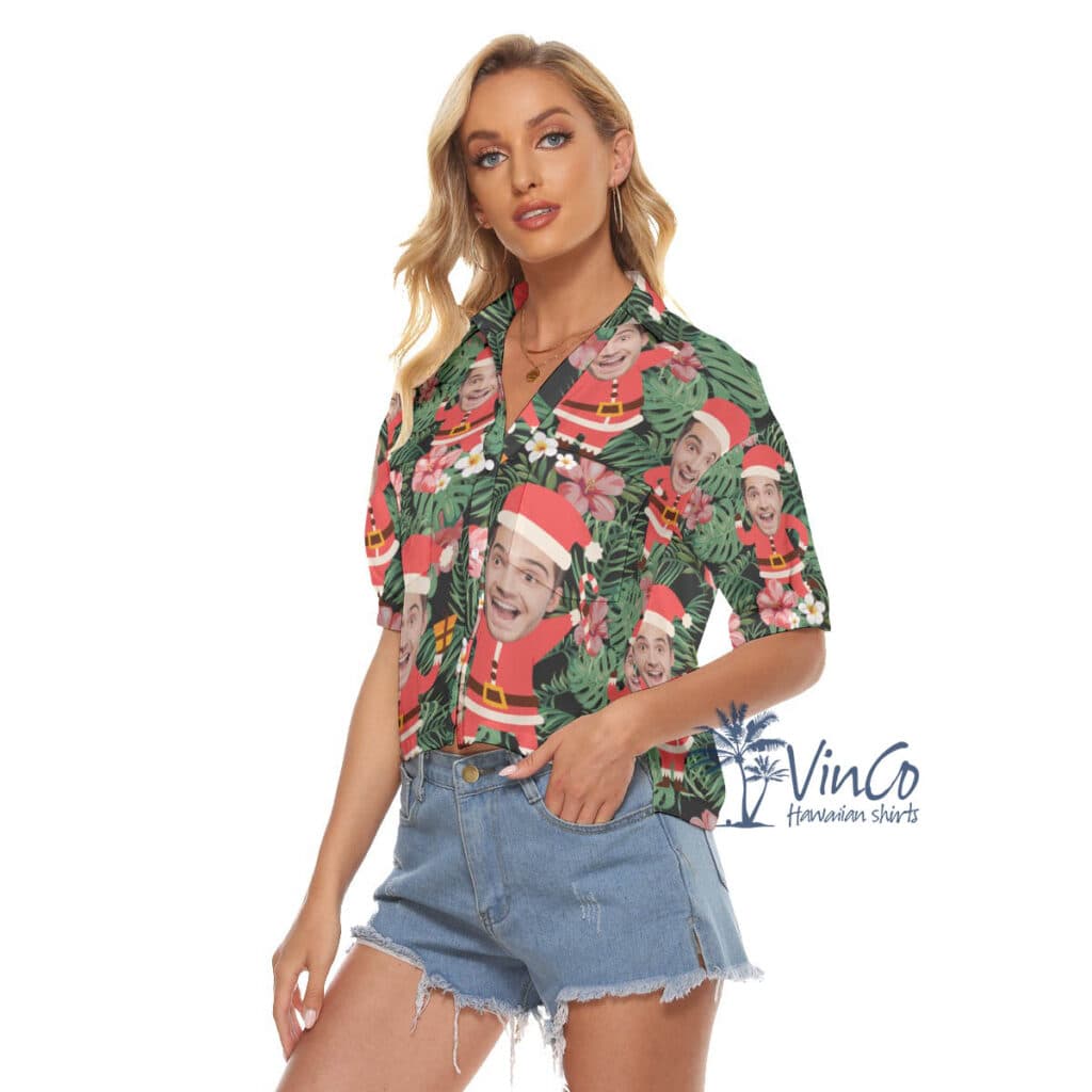 Funny Santa Claus Custom Face Christmas Hawaiian Crop Top Shirt