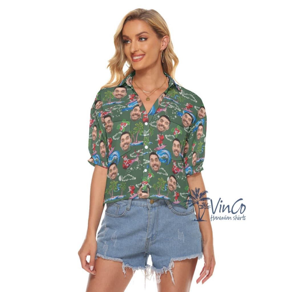 Funny Santa Surfing Christmas Hawaiian Crop Top Shirt With Custom Face