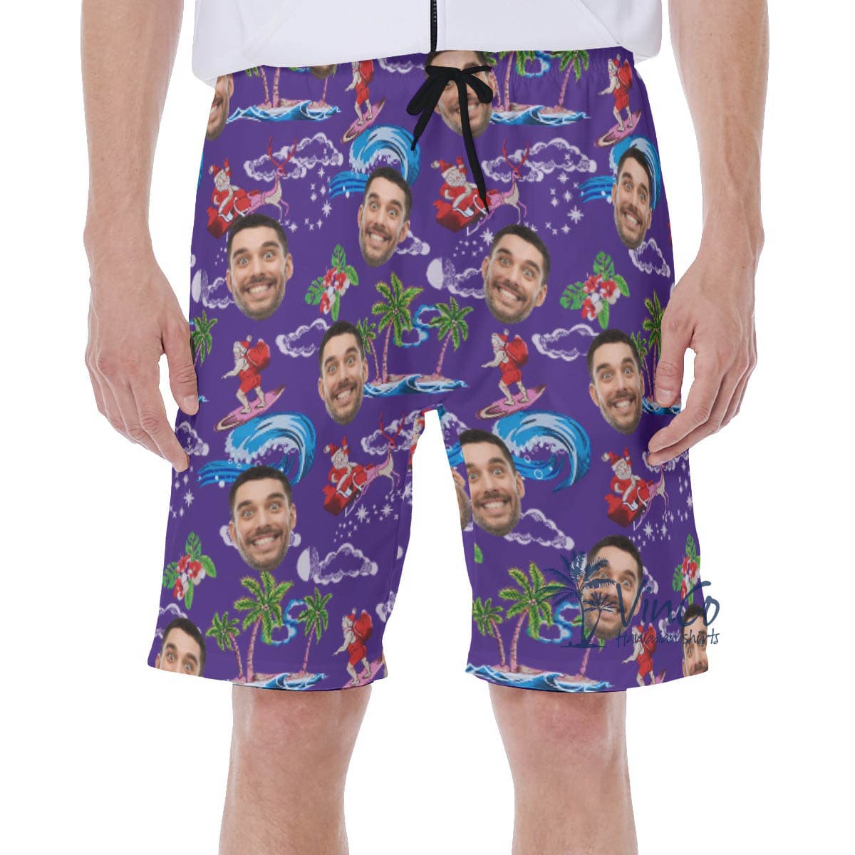 Funny Santa Surfing Christmas Hawaiian Swim Trunks With Custom Face