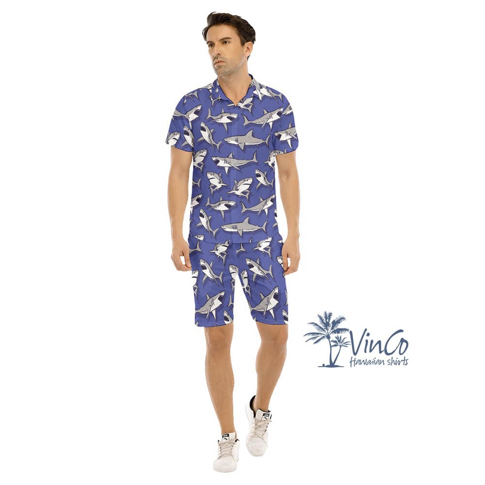 Funny Shark Purple Hawaiian Shirt Set For Men (1)