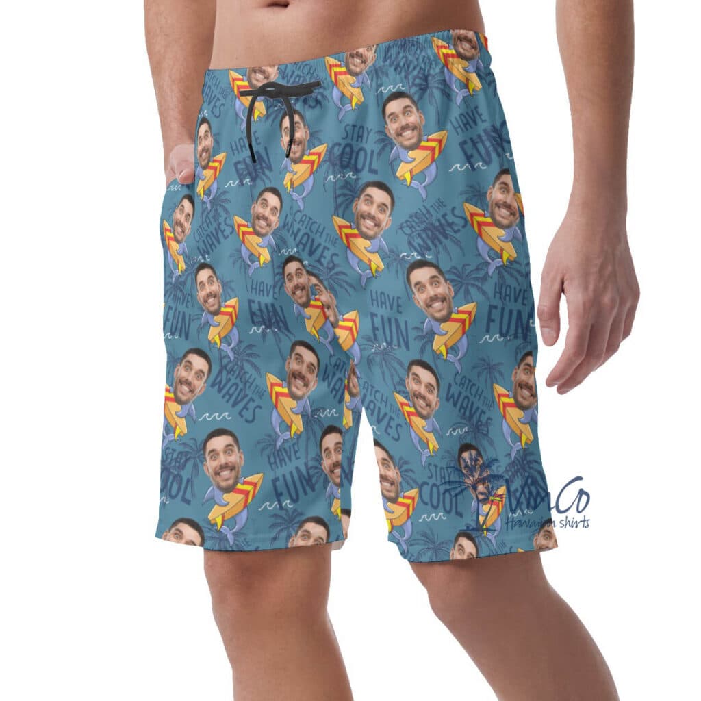 Funny Shark Surfing Hawaiian Beach Shorts With Custom Face