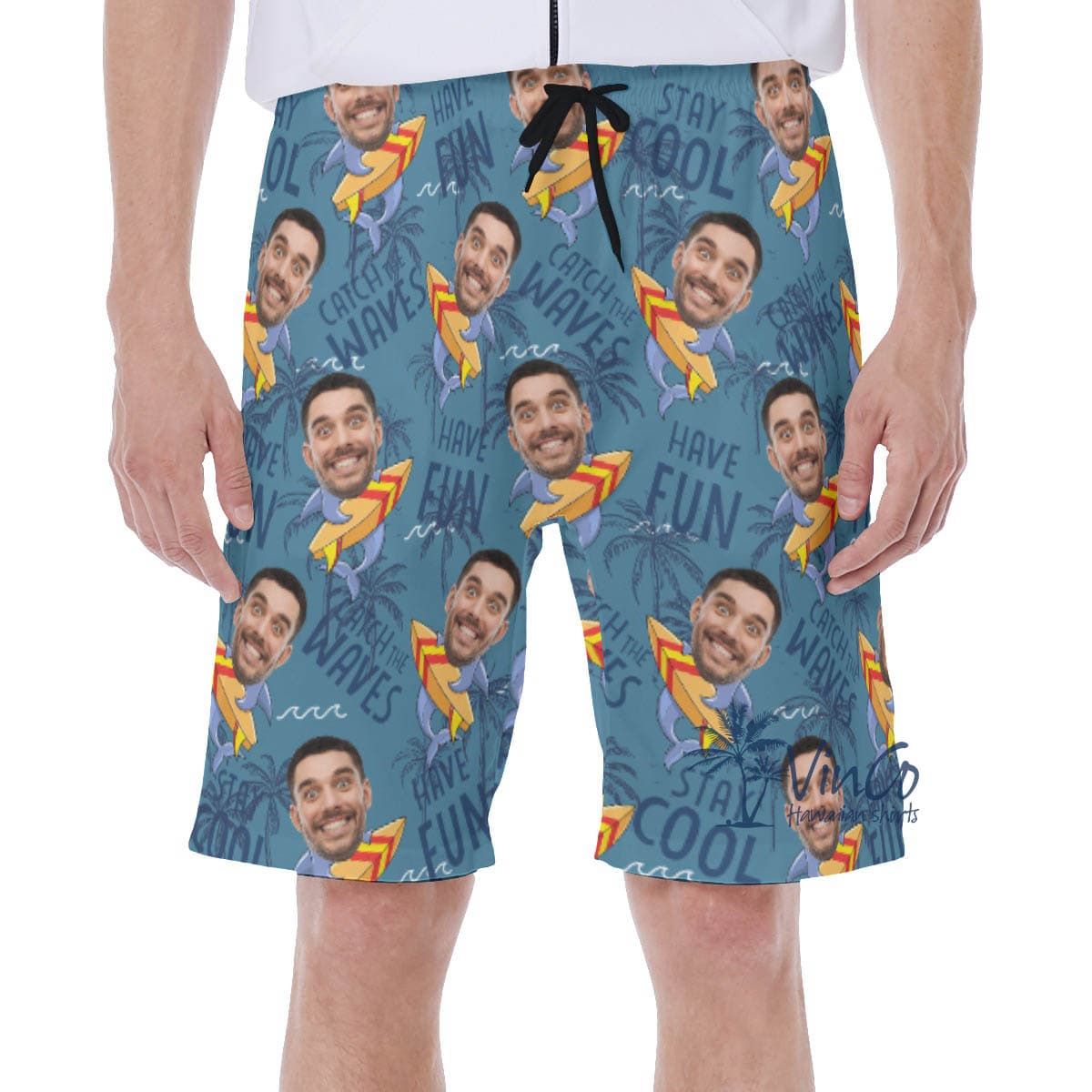 Funny Shark Surfing Hawaiian Swim Trunks With Custom Face For Men