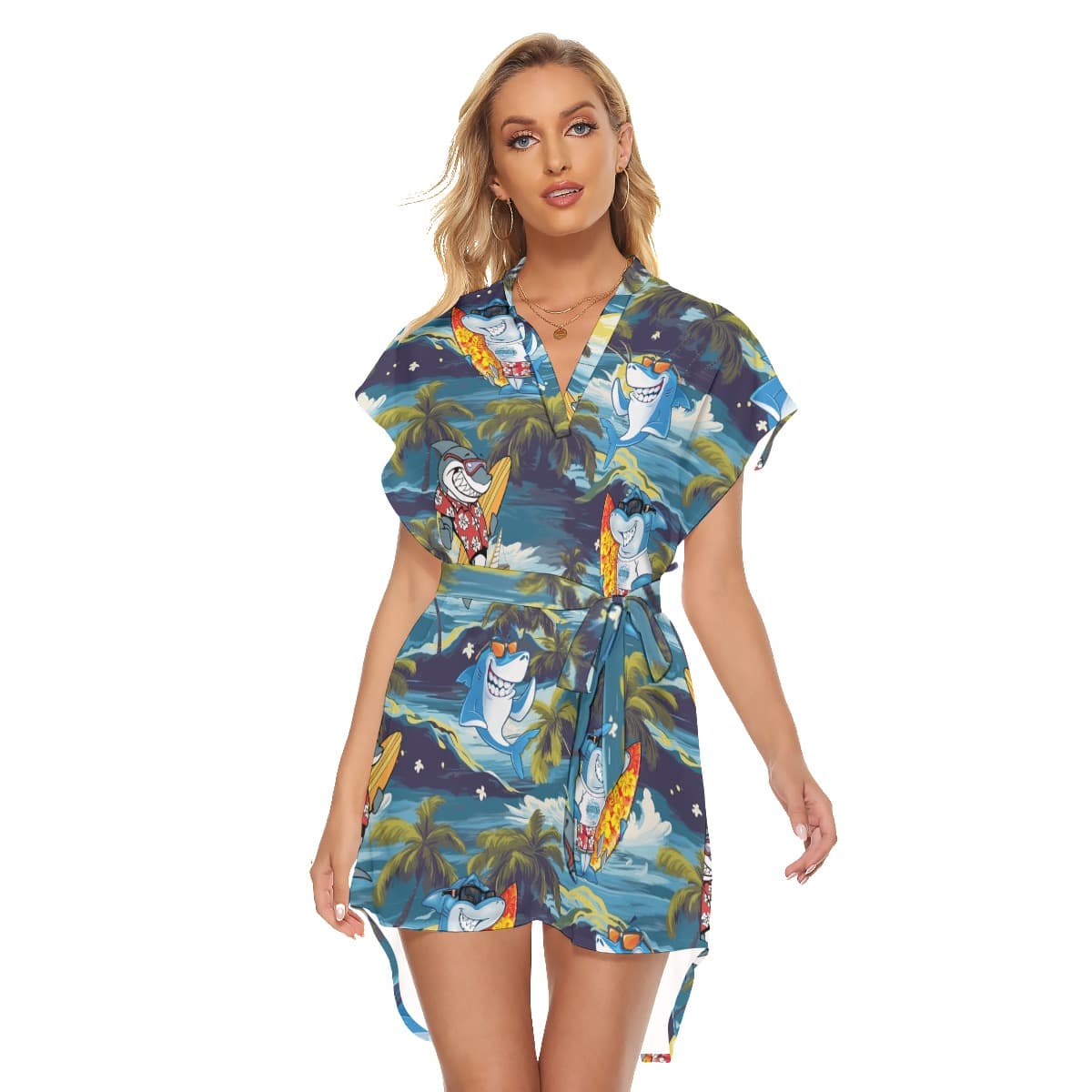 Funny Shark Surfing Tropical Hawaiian Dress With Belt (4)