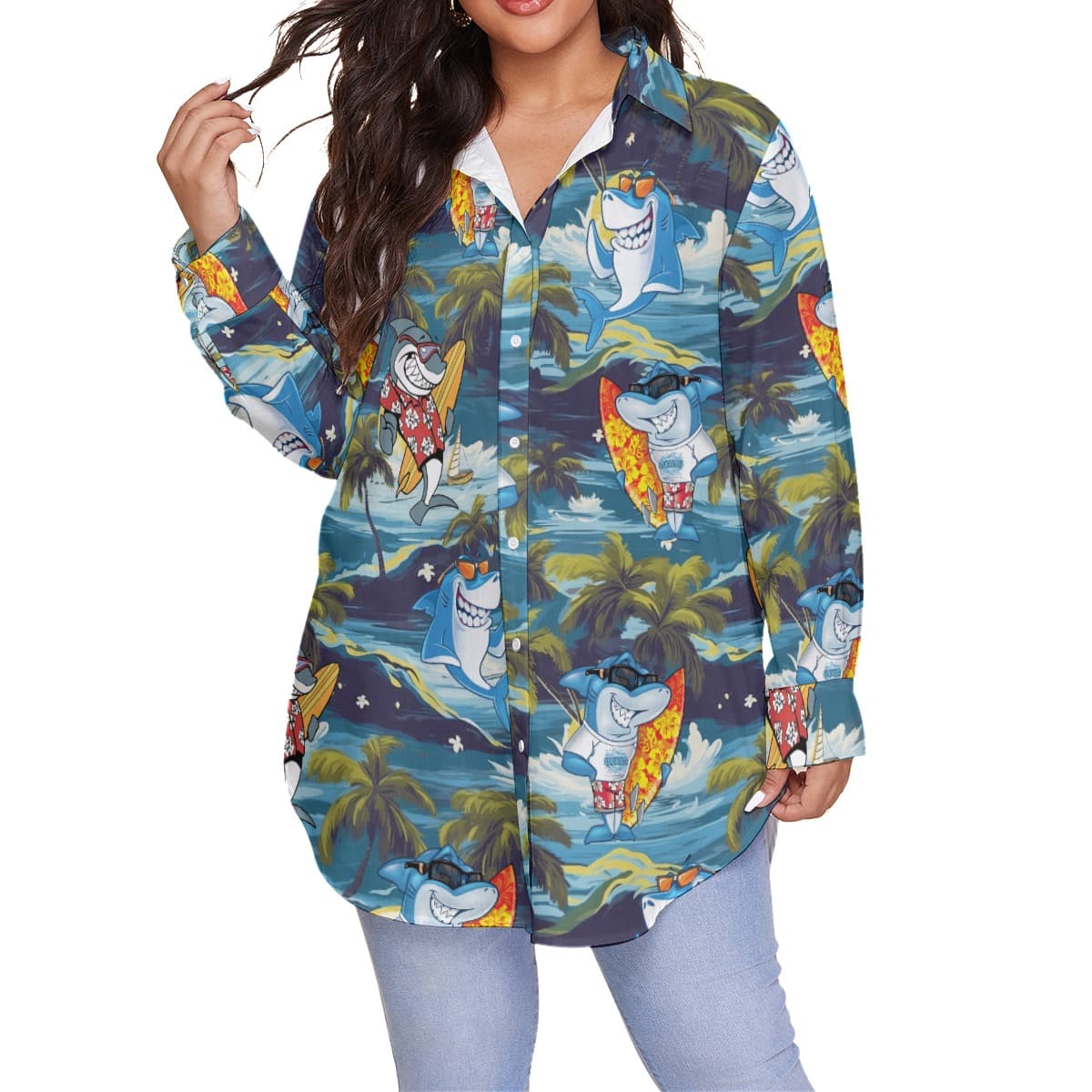Funny Shark Surfing Tropical Hawaiian Plus Size Shirt For Women