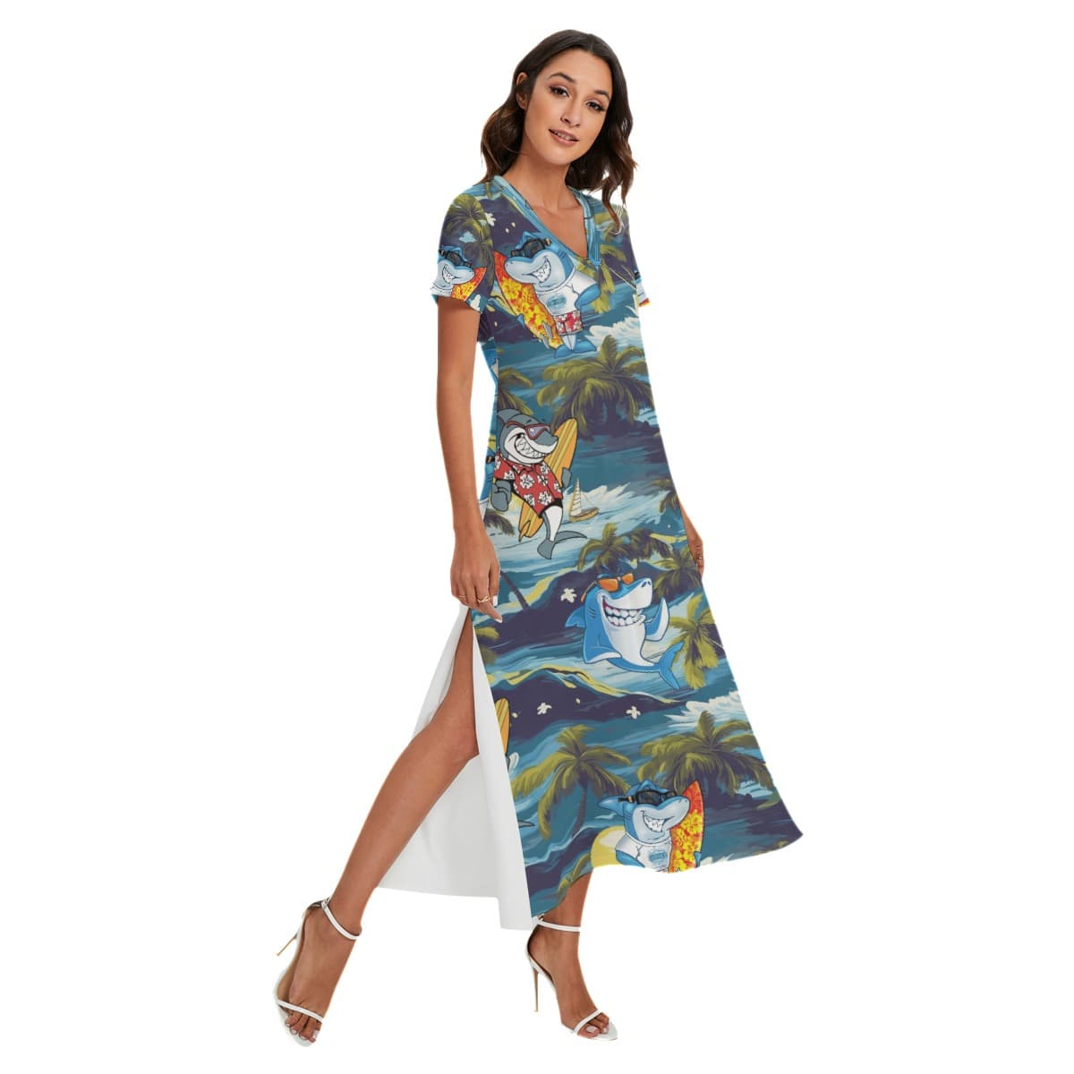 Funny Shark Surfing Tropical Hawaiian V-neck Dress With Side Slit