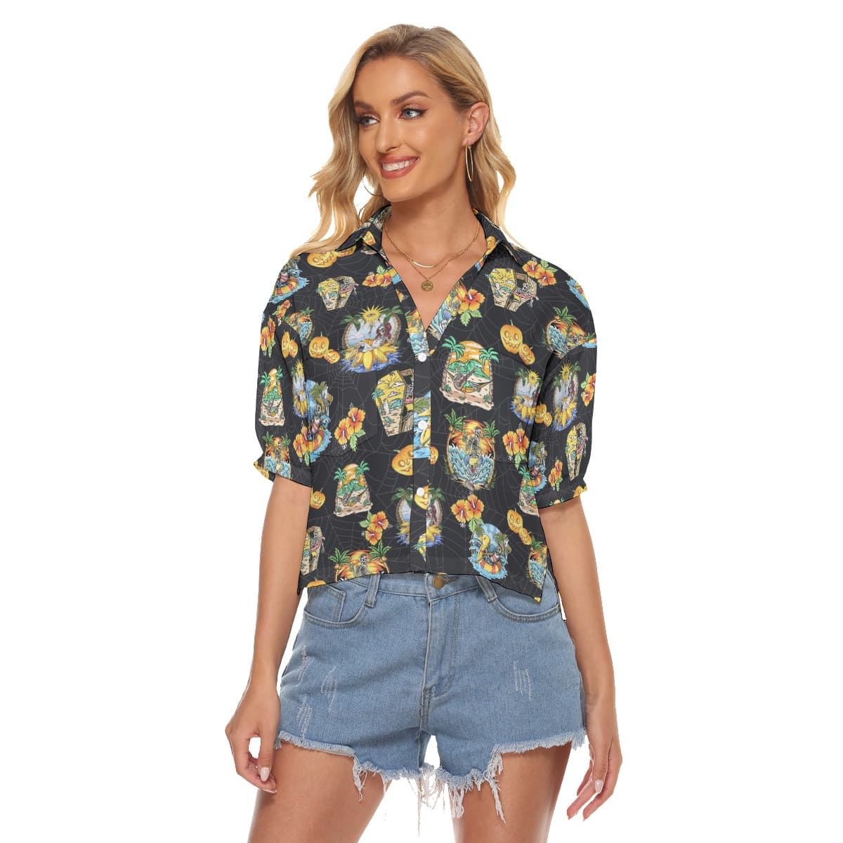 Funny Skeleton Vacation Hawaiian Cropped Shirt For Women (1)