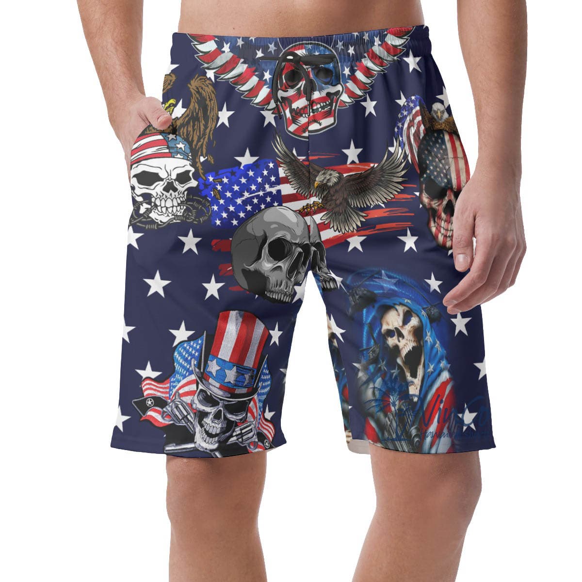 Funny Skull 4th Of July Hawaiian Beach Shorts For Men
