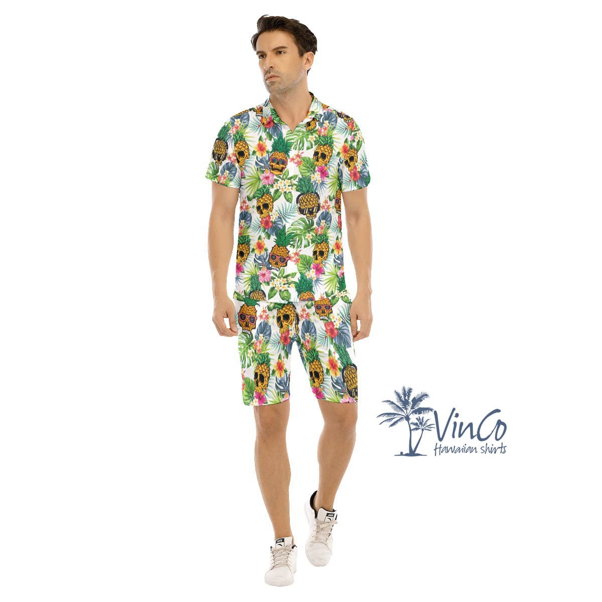 Funny Skull Pineapple Tropical Hawaiian Shirt And Matching Shorts For Men