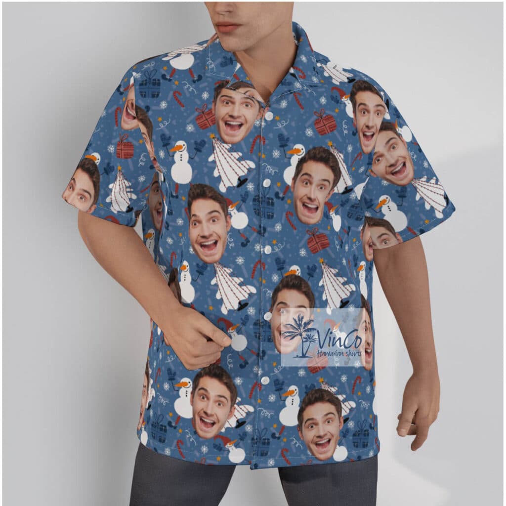 Funny Snowman And Christmas Tree Hawaiian Shirt With Custom Face