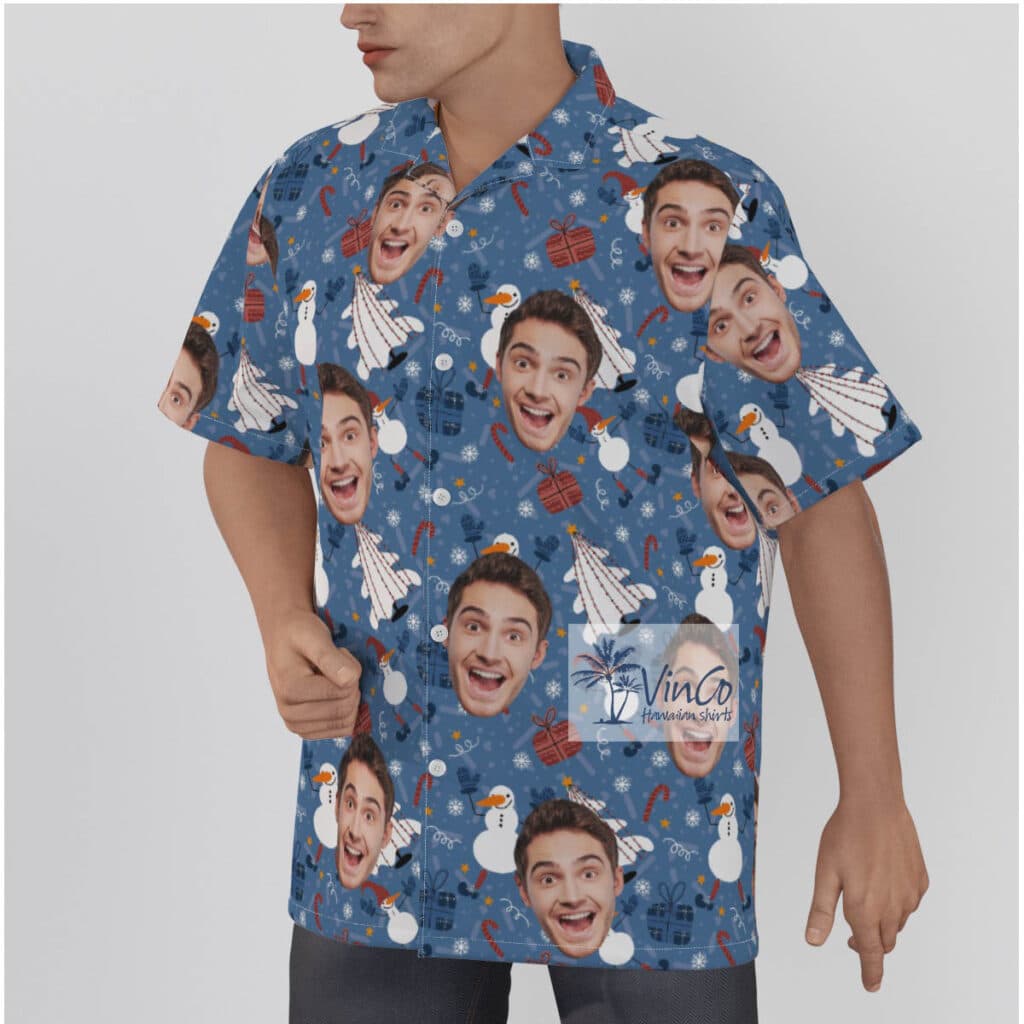 Funny Snowman And Christmas Tree Hawaiian Shirt With Custom Face