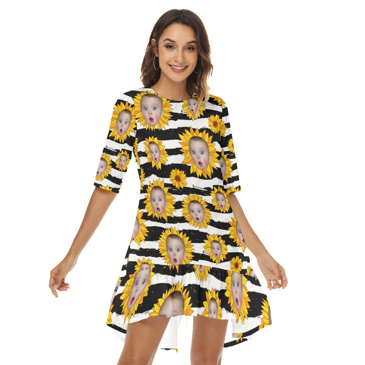Funny Sunflowers Custom Face Hawaiian Dress With Ruffle Hem
