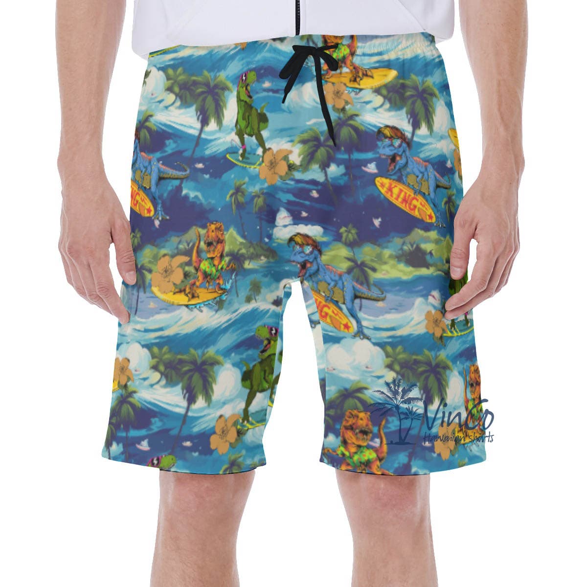 Funny Surfing Dinosaur Tropical Hawaiian Swim Trunks For Men